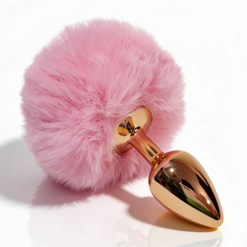 Анальная пробка ALUME, S, металлическая золотистая с розовым пушком, 7 х 2,8 см вид 8