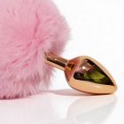 Анальная пробка ALUME, S, металлическая золотистая с розовым пушком, 7 х 2,8 см вид 9