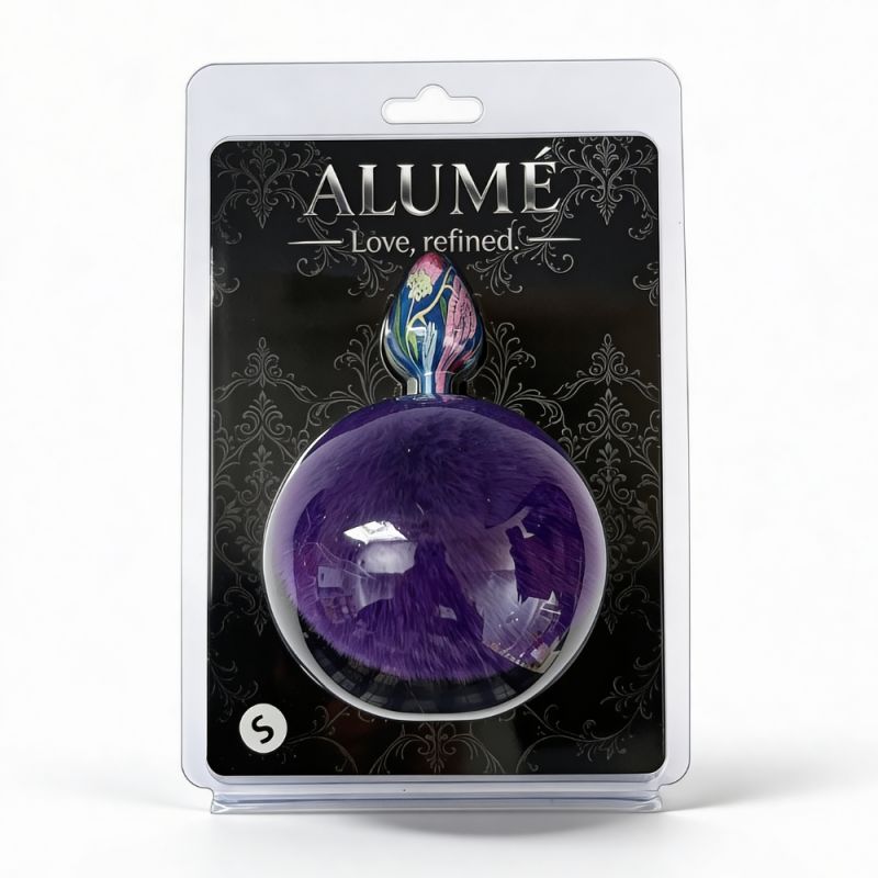 Анальная пробка с узором ALUME, S, металлическая синяя с фиолетовым пушком, 7 х 2,8 см вид 3