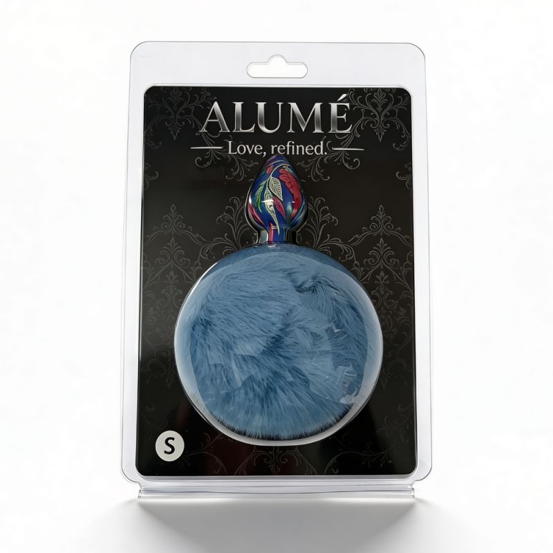 Анальная пробка с узором ALUME, S, металлическая синяя с голубым пушком, 7 х 2,8 см вид 3