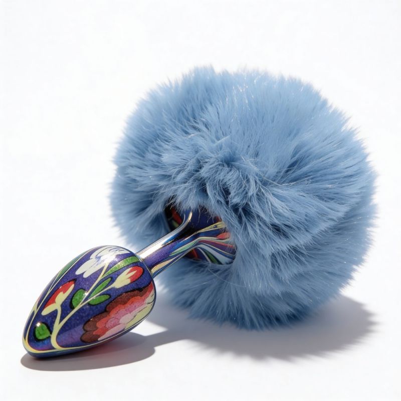Анальна пробка з візерунком ALUME, S, металева синя з блакитним пушком, 7 х 2,8 см вид 4
