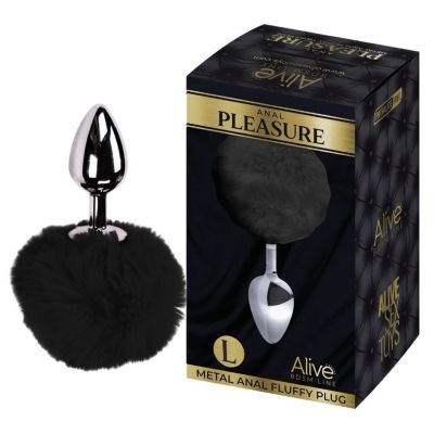 Анальная пробка Alive Anal Pleasure L с черным мехом, серебристая, 9 х 4 см