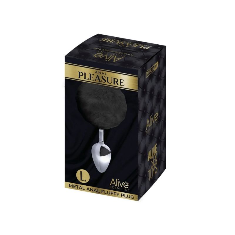 Анальна пробка Alive Anal Pleasure L з чорним хутром, срібляста, 9 х 4 см вид 4