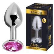 Анальная пробка Alive Anal Pleasure, L, с розовым камнем, серебристая, 9 х 4 см