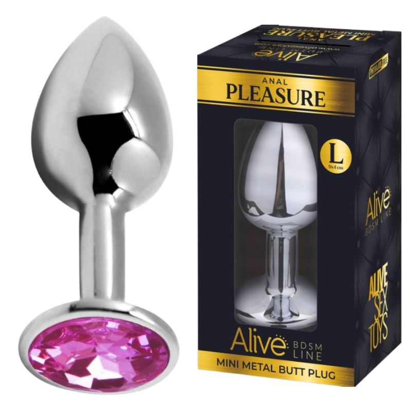 Анальная пробка Alive Anal Pleasure, L, с розовым камнем, серебристая, 9 х 4 см вид 2