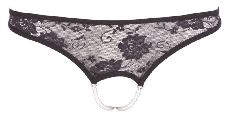 Мереживні трусики Cottelli Collection з відкритим доступом і перлами, чорні, розмір S вид 6