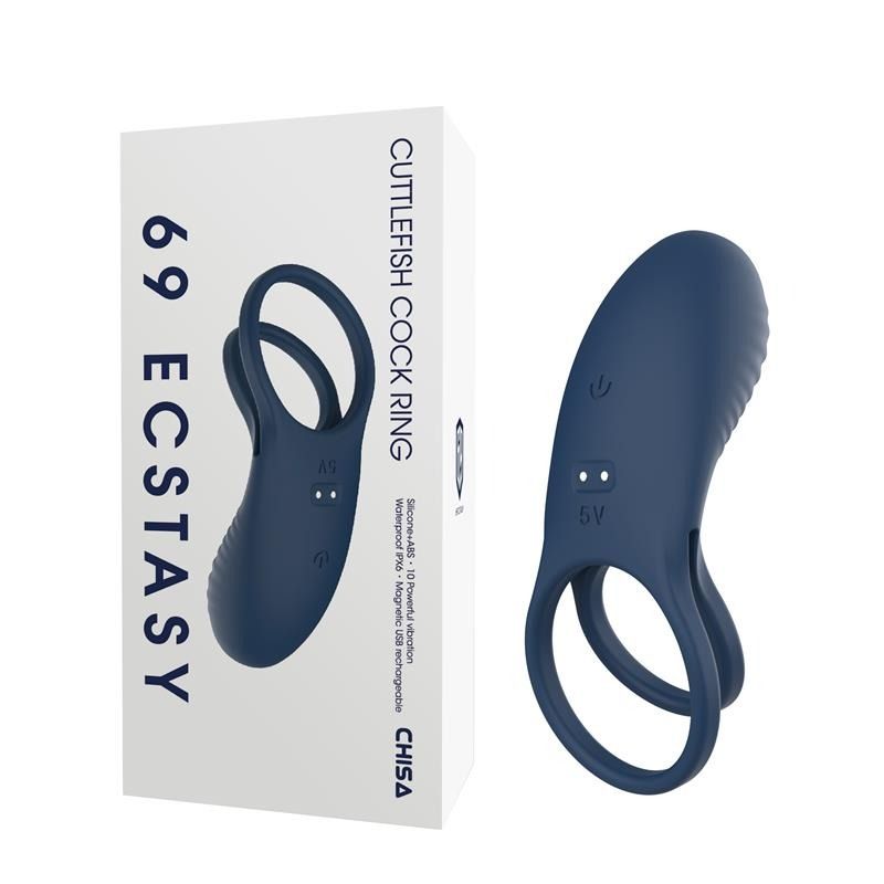 Эрекционное вибро-кольцо Chisa 69 ECSTASY водонепроницаемый, 10 режимов, синий вид 2