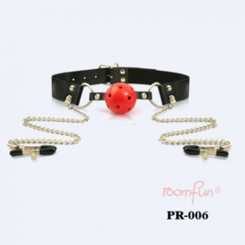 Кляп з червоною кулькою Roоmfun та затискачами для сосків вид 3