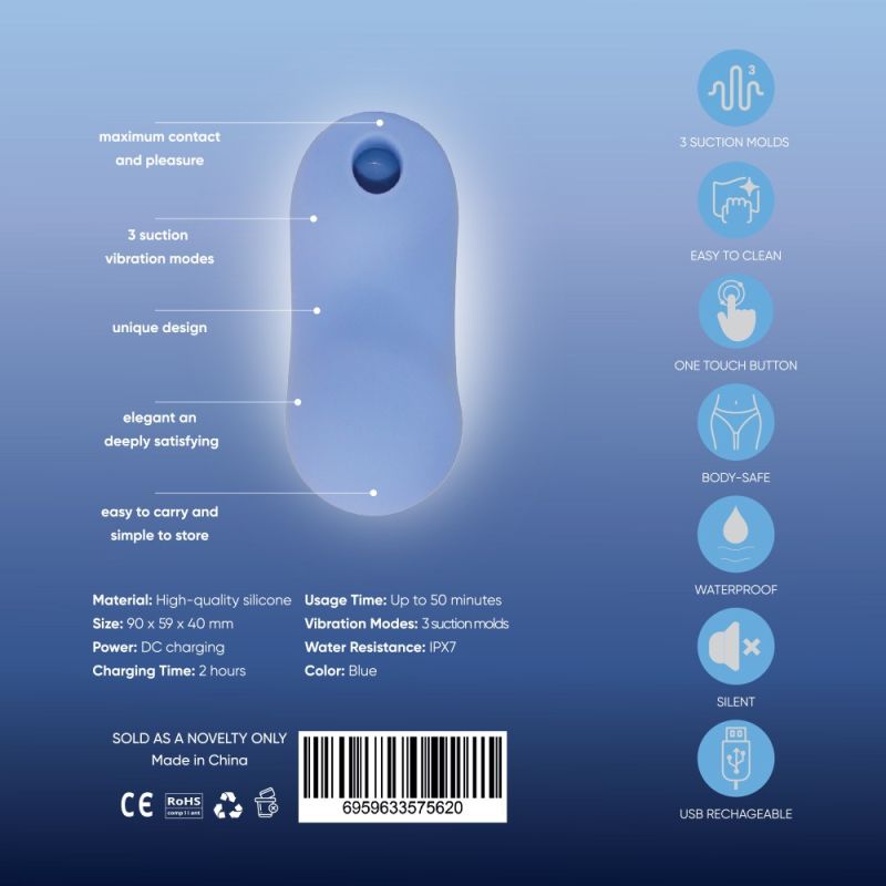 Вакуумный стимулятор клитора Sweet Em Bean с вибрацией, голубой, 9 х 5.9 см вид 10