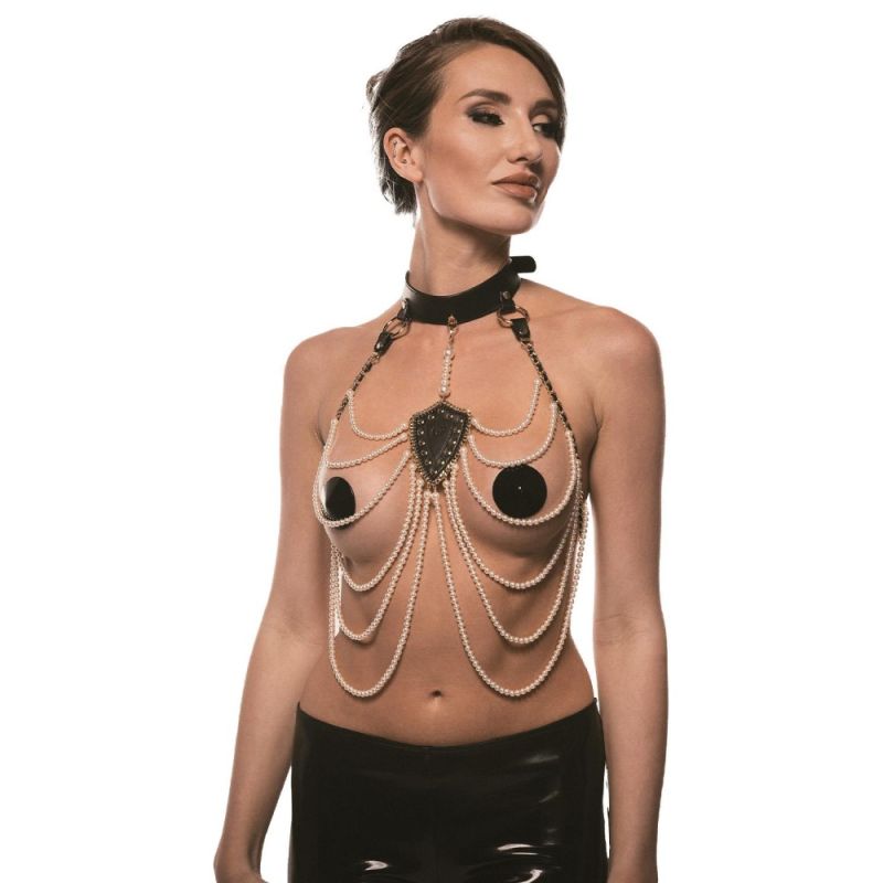 Ошейник с ожерельем из жемчуга BDSM Guilty Pleasure Pearl, 6 рядов, на завязках вид 2