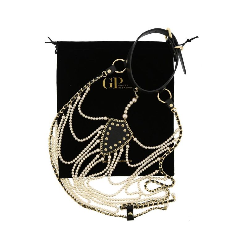 Ошейник с ожерельем из жемчуга BDSM Guilty Pleasure Pearl, 6 рядов, на завязках вид 11