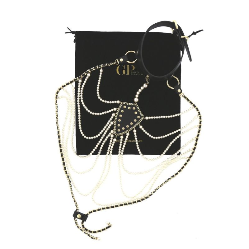 Ошейник с ожерельем из жемчуга BDSM Guilty Pleasure Pearl, 6 рядов, на завязках вид 12