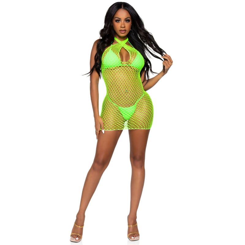 Сексуальное платье в крупную сетку Leg Avenue, OS, ярко-зеленое вид 8