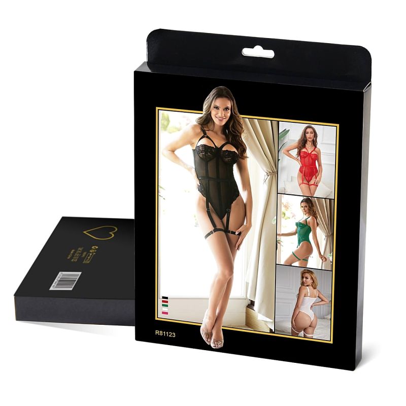 Мереживне боді Star Night з доступом та підтяжками, чорне, XS-S вид 11