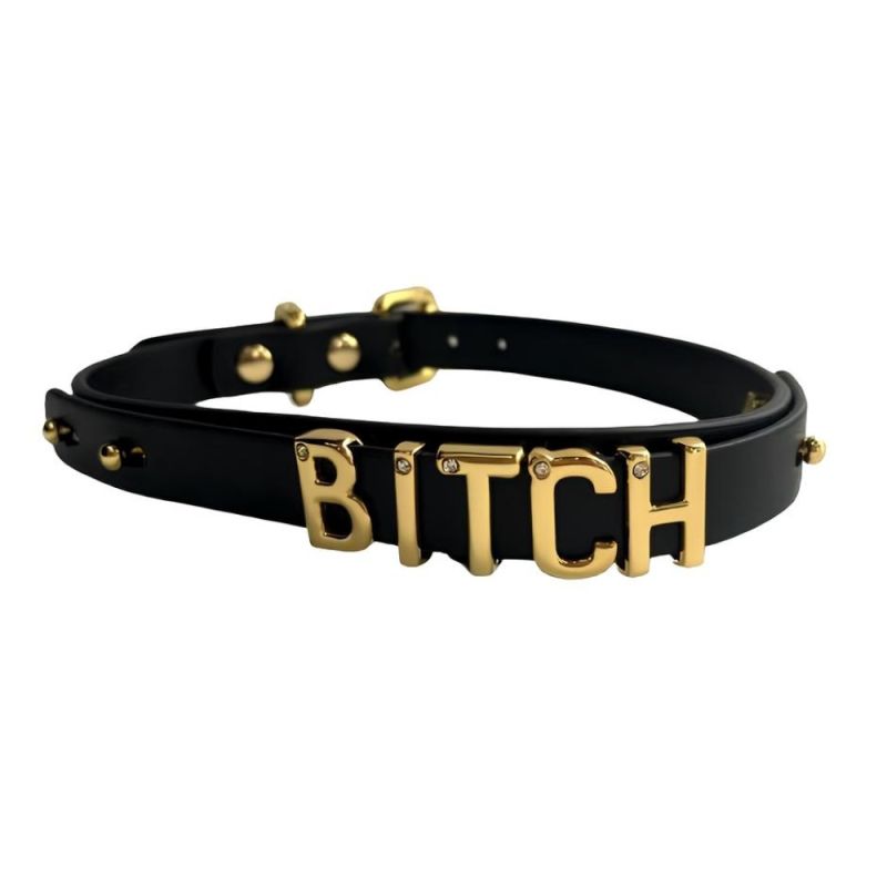 Чокер с надписью BITCH от UPKO из итальянской кожи, черный с золотой фурнитурой, One Size вид 2