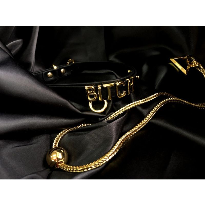 Чокер з написом BITCH від UPKO з італійської шкіри, чорний із золотою фурнітурою, One Size вид 6