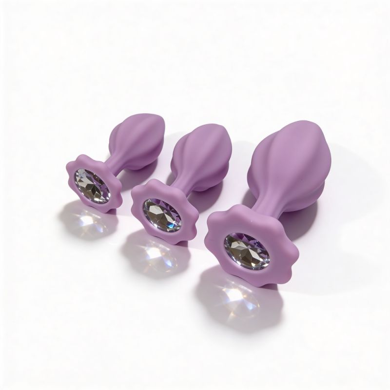 Набір анальних пробок ALUME, S, M, L, лілові з білим каменем, 3 шт вид 4