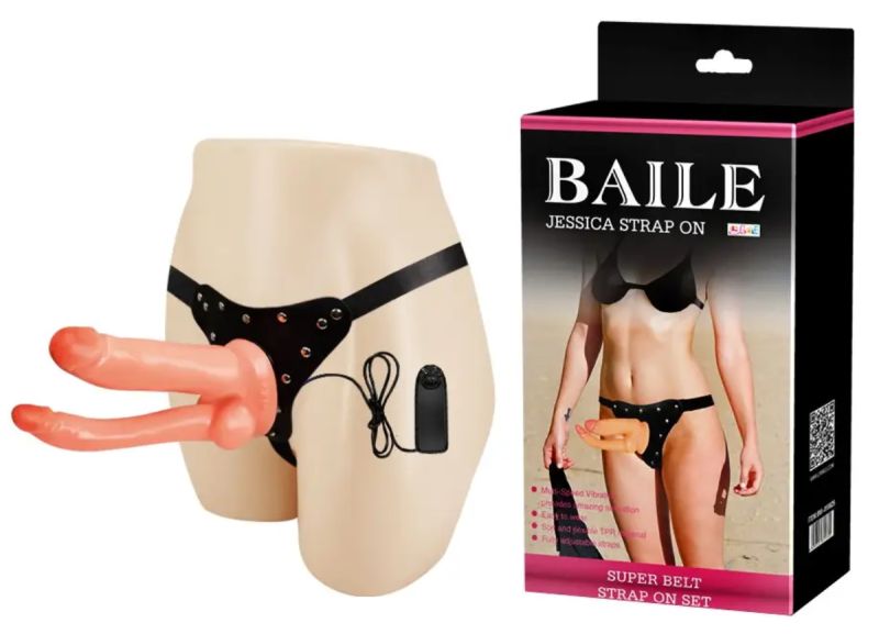 Жіночий подвійний страпон з вібрацією Baile Ultra Passionate, беж вид 2