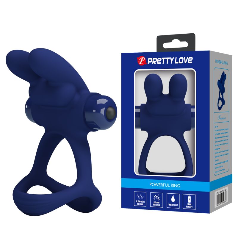 Ерекційне віброкільце PRETTY LOVE Powerful Ring подвійне, з вушками для клітора, синє, 8.7 х 3.3 см вид 2
