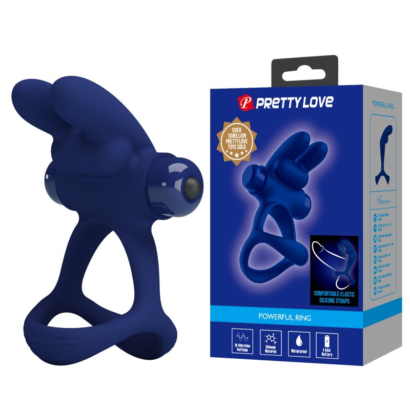 Эрекционное виброкольцо PRETTY LOVE Powerful Ring двойное, с ушками для клитора, синее, 8.7 х 3.3 см вид 13