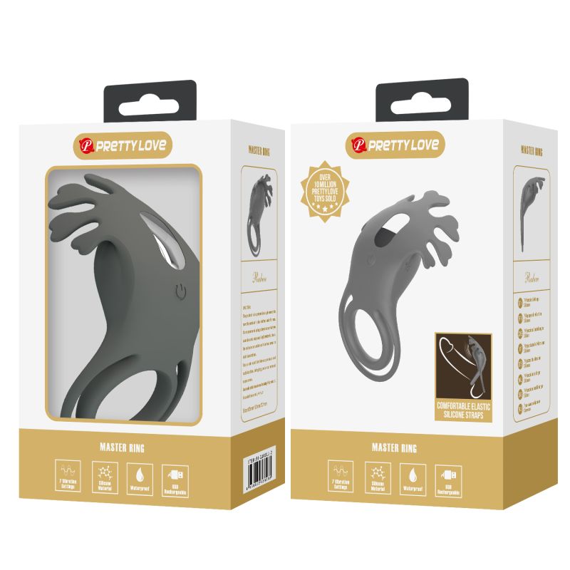 Ерекційне віброкільце PRETTY LOVE Master Ring подвійне, з вушками для клітора, сіре, 8.5 х 4.1 см вид 13