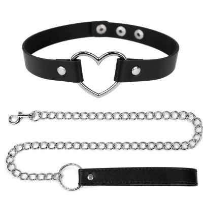 Ошейник с металлическим сердцем DS Fetish, с поводком, чёрный