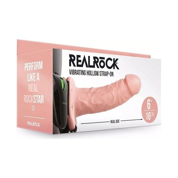 Страпон порожнистий з вібрацією REALROCK, з пультом, бежевий, 16 × 4.6 см вид 7
