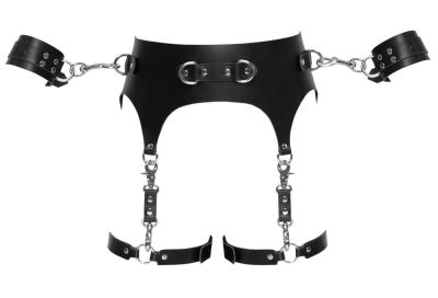 Пояс шкіряний з гартерами ZADO FETISH та фіксаторами-наручниками, чорний, S/M