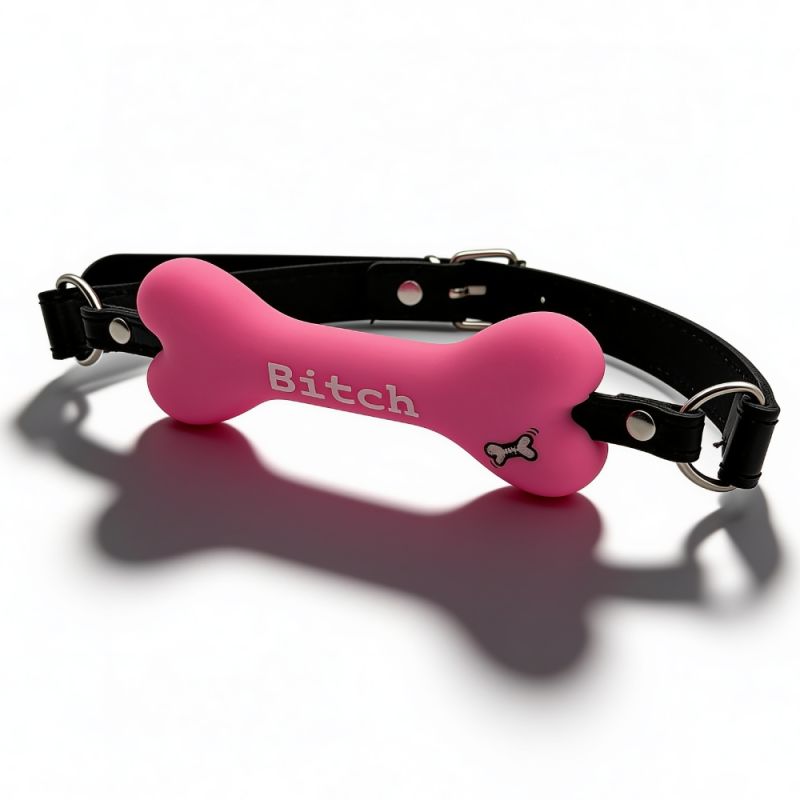 Кляп в виде кости DS Fetish с надписью "Bitch", розовый вид 3