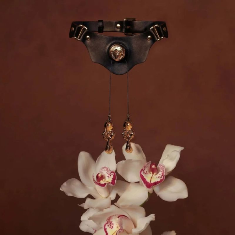 Нашийник чорний зі шкіри UPKO Mystic Bond Collection із затискачами для сосків вид 3