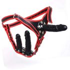 Страпон DS Fetish із трьома фалоімітаторами, на трусиках, екошкіра, червоно-чорний вид 2