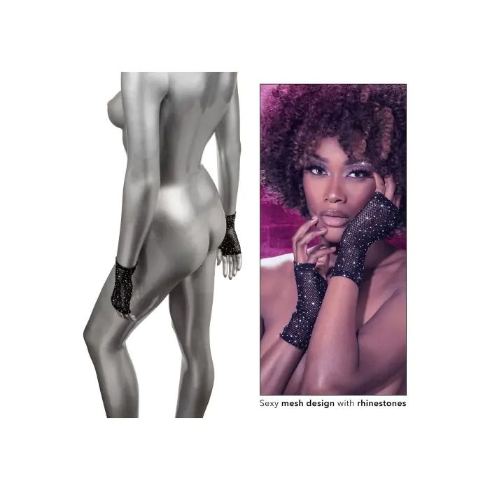 Рукавички короткі у дрібну сітку зі стразами CalExotics Fingerless Gloves, чорні вид 4