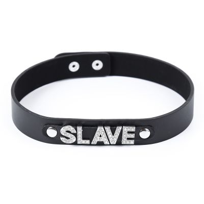 Нашийник з написом SLAVE зі страз DS Fetish, шкірозамінник, чорний