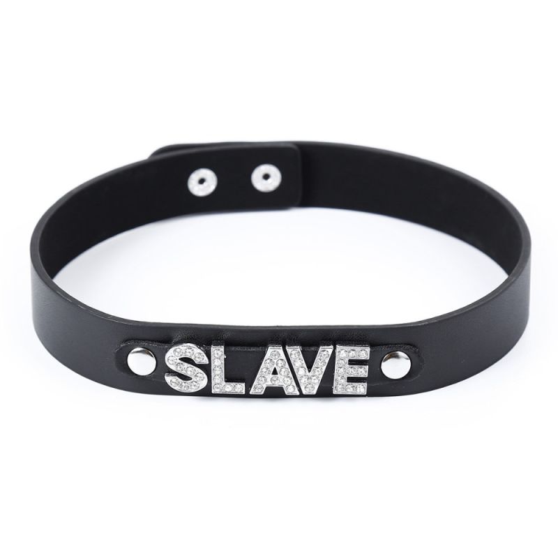 Ошейник с надписью SLAVE из страз DS Fetish, кожзам, черный вид 2