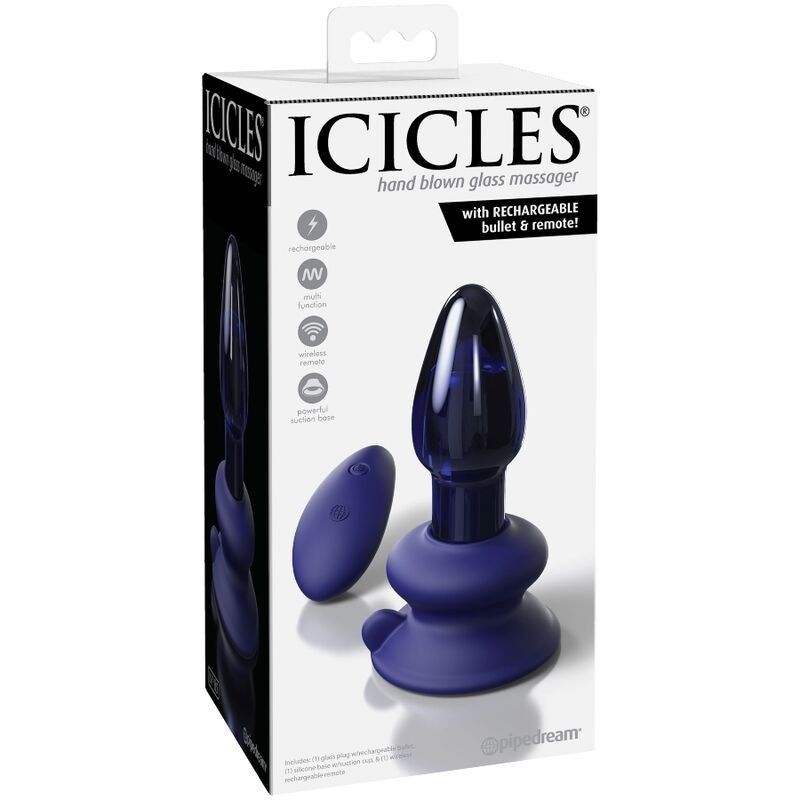Скляна анальна вібропробка із пультом Pipedream Icicles синя вид 2