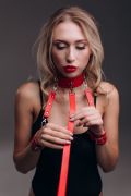 Нашийник з повідком та наручниками "Fet 22", екошкіра, ручна робота, червоні