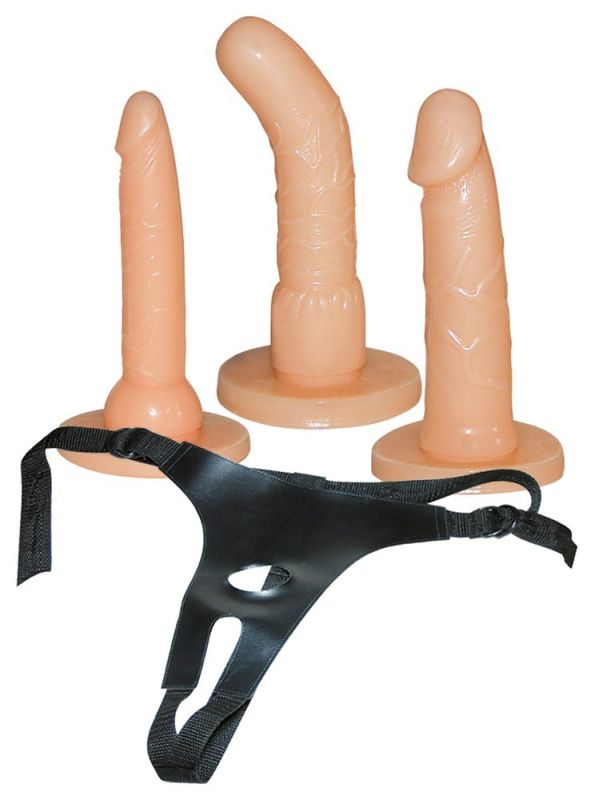 Страпон-сет с 3 бежевыми насадками You2Toys Strap-on та чорними трусиками для фіксації вид 2