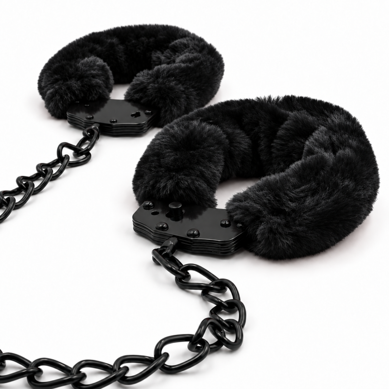Наручники-поножі WOW Fetish металеві з чорним хутром та ланцюжком довжиною 45 см  вид 5