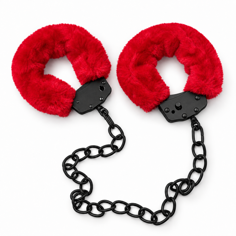 Наручники-ножні WOW Fetish металеві з червоним хутром та ланцюжком довжиною 45 см вид 2