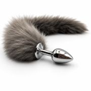 Анальна пробка металева DS Fetish із сірим лисячим хвостом, XS