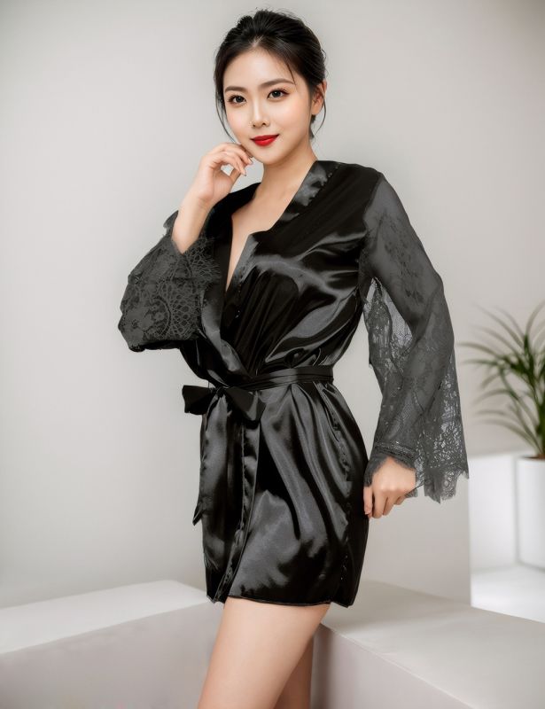 Халат черный под пояс и длинными кружевными рукавами Star Night стринги в комплекте, XS/S вид 3