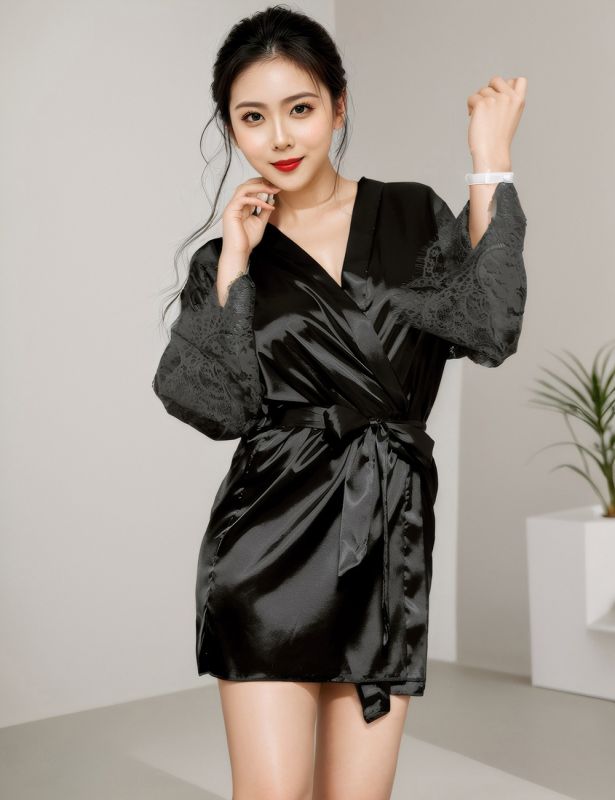 Халат чорний під пояс та довгими мереживними рукавами Star Night стрінги в комплекті, XS/S вид 2