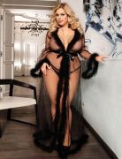 Халат длинный с поясом Star Night с отделкой из искусственного меха и трусиками, черный, ХХХL