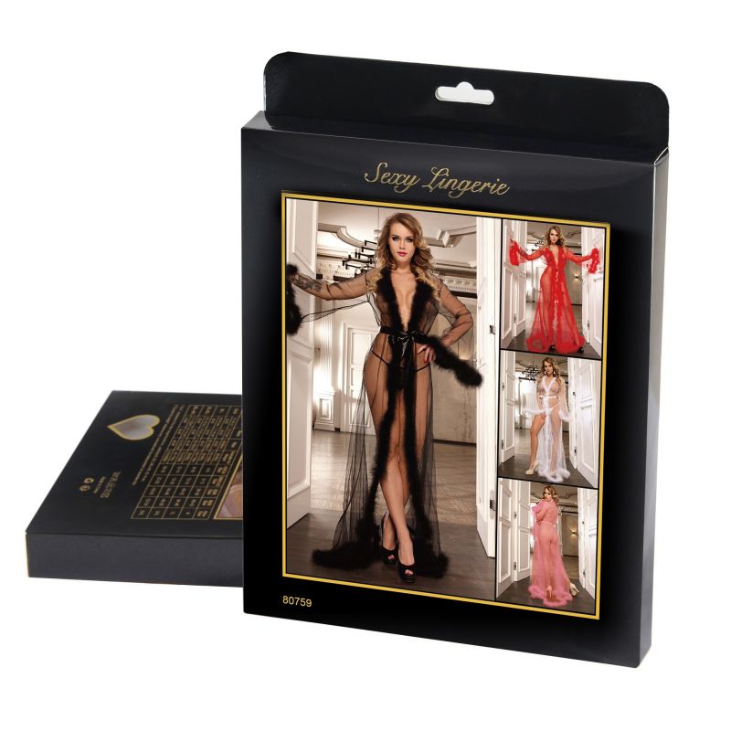 Халат длинный с поясом Star Night с отделкой из искусственного меха и трусиками, черный, ХХХL вид 9