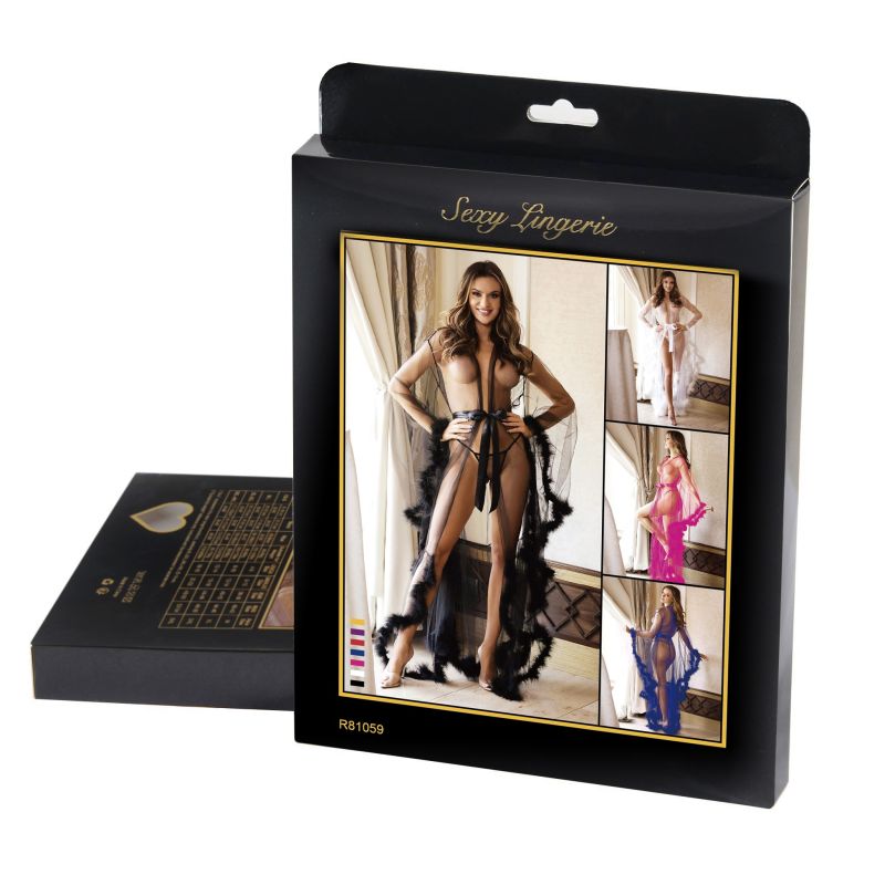 Халатик Star Night с отделкой в ​​виде перьев и длинными рукавами+трусики стринги, черный вид 6