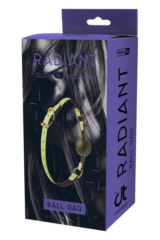 Кляп із кулькою люмінесцентний зелений Dreamtoys RADIANT Glow In The Dark Ball Gag із золотистою фурнітурою вид 4