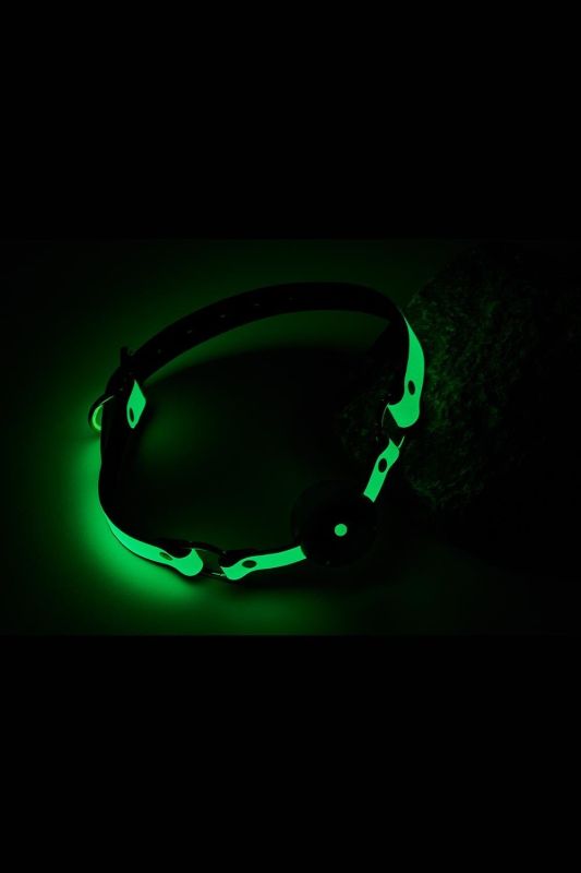 Кляп із кулькою люмінесцентний зелений Dreamtoys RADIANT Glow In The Dark Ball Gag із золотистою фурнітурою вид 2