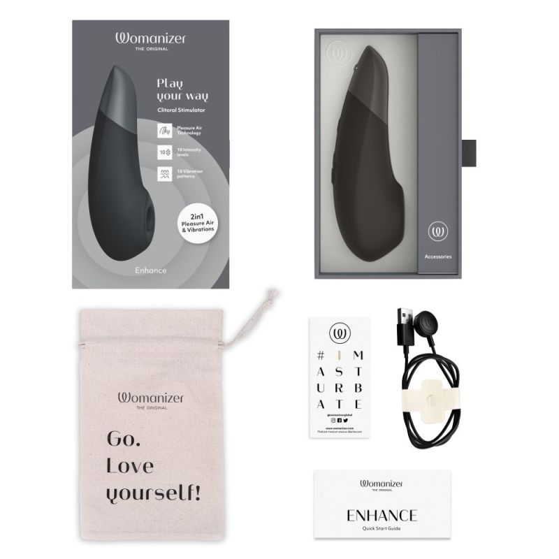 Клиторальный вакуумный стимулятор 2 в 1 Womanizer Enhance с вибрацией, черный вид 17