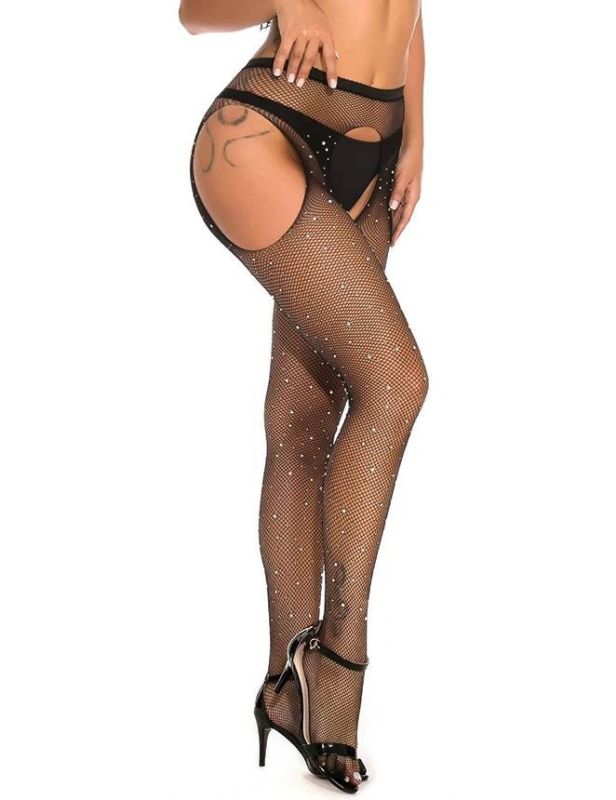 Колготи еротичні чорні Star Night з відкритим доступом та стразами, XS-M вид 8