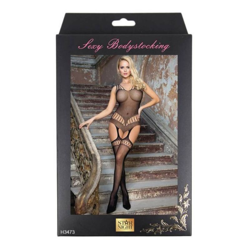 Бодістокінг з імітацією панчох та декоративними бретельками Star Night чорний XS-M вид 6
